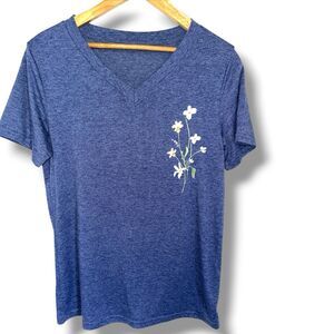 Blue Heathered Floral Graphic T-Shirt Women’s Small V-Neck Botanical Cottagecore